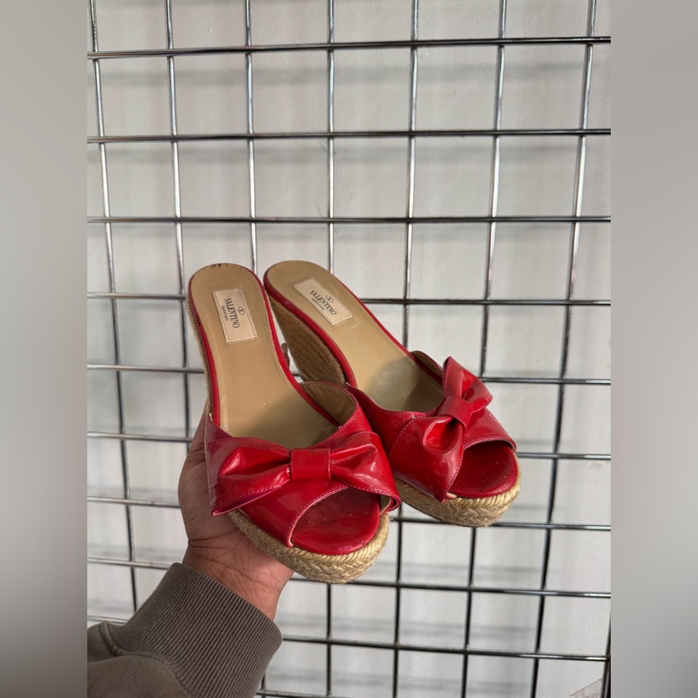 Valentino Mena Bow Hot Pink Patent Leather Wedge Espadrille Sandals Womens 38 - Picture 7 of 14